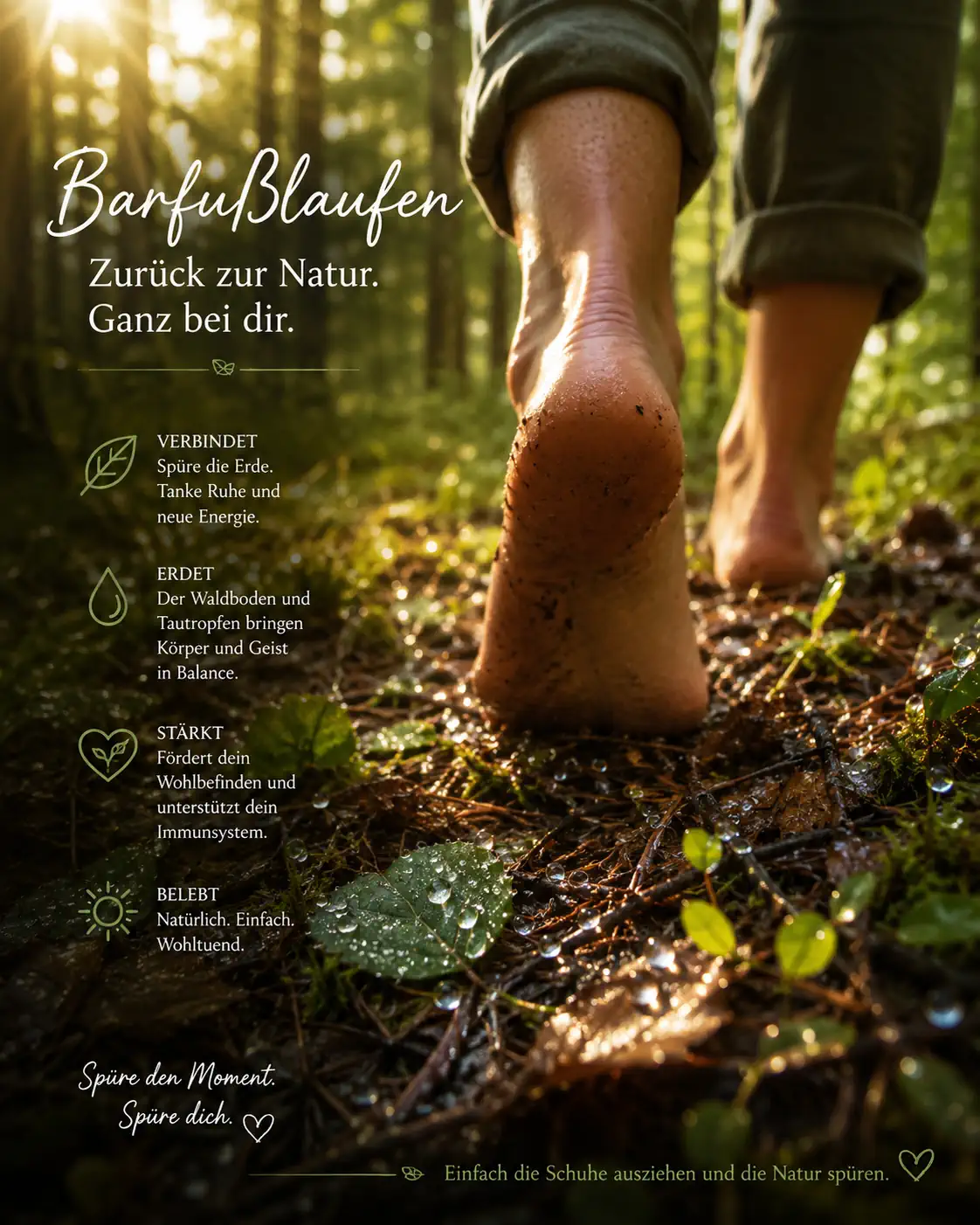 Barfußlaufen, Waldboden, Füße, Tautropfen